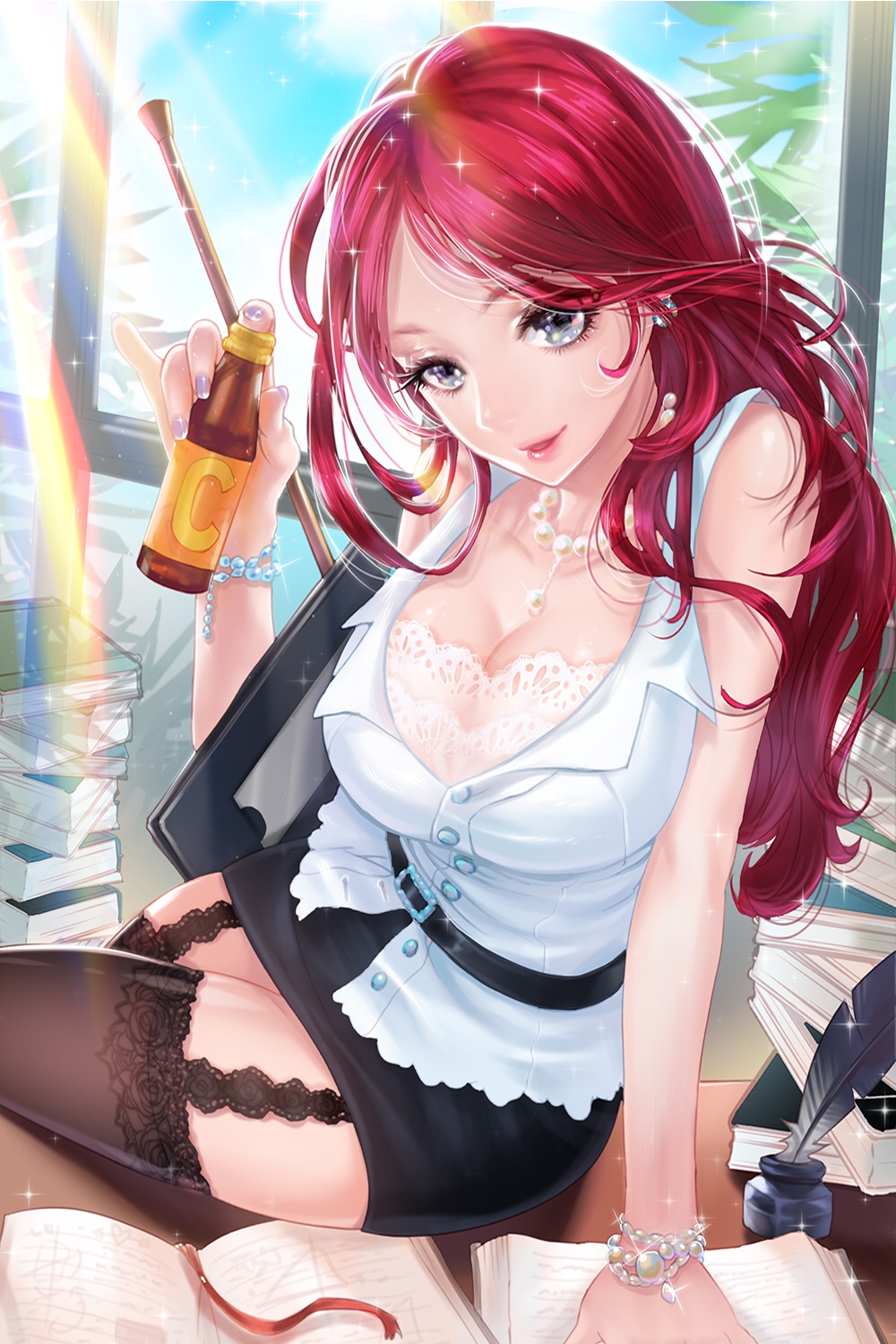 1girl, arm_support, bangs, bare_shoulders, bead_bracelet, beads, belt, black_legwear