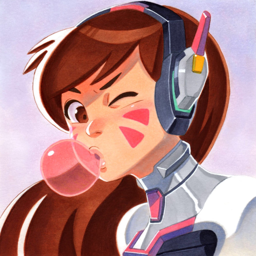 1girl, bangs, bodysuit, brown_eyes, brown_hair, bubble_blowing, bubblegum, d.va_(overwatch), face, facepaint, facial_mark, gum, headphones, high_collar, highres, lips, long_hair, looking_at_viewer, marker_(medium), nuri_durr, one_eye_closed, overwatch, pilot_suit, pink_lips, ribbed_bodysuit, solo, swept_bangs, traditional_media, whisker_markings