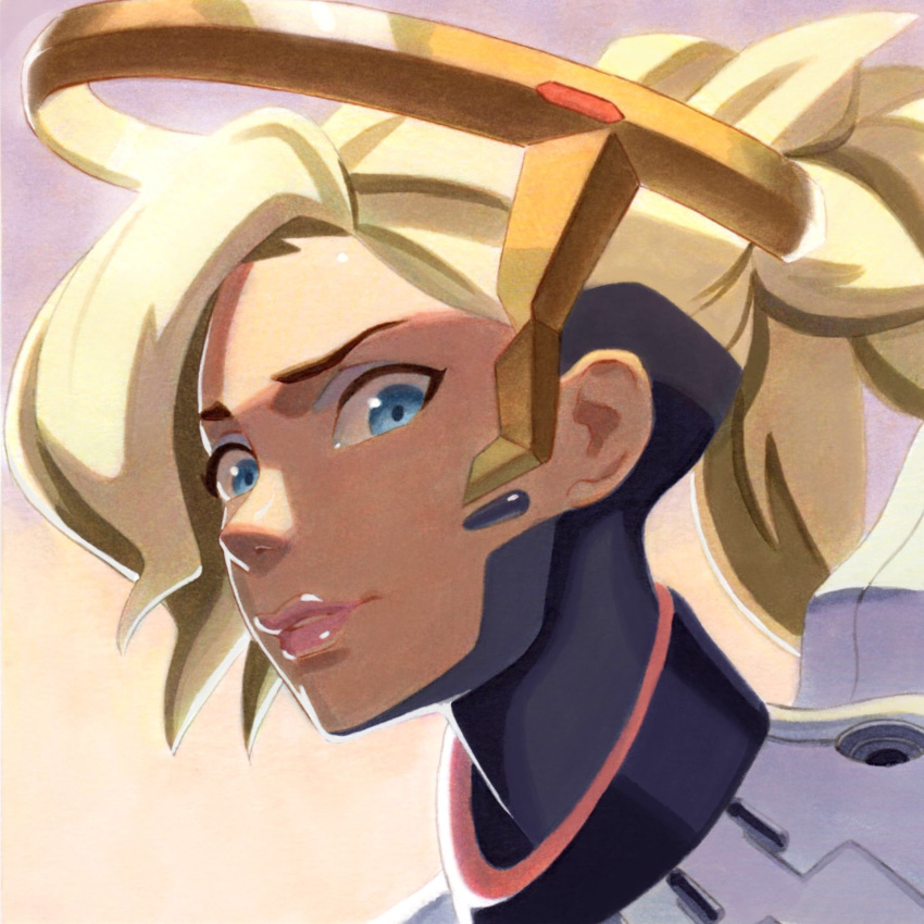 1girl, blonde_hair, blue_eyes, bodysuit, face, headgear, highres, lipstick, looking_at_viewer, makeup, marker_(medium), mechanical_halo, mercy_(overwatch), nose, nuri_durr, overwatch, parted_lips, pink_lips, pink_lipstick, ponytail, solo, traditional_media, turtleneck