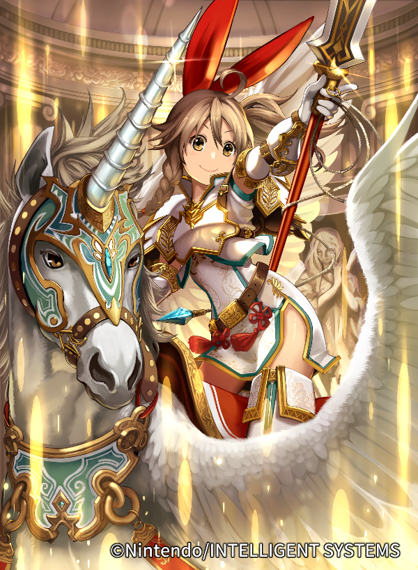 1girl, ahoge, armor, boots, bow, braid, brown_hair, company_name