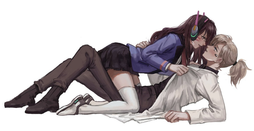 2girls, ankle_boots, arm_at_side, arm_support, bangs, black_skirt, blazer, blonde_hair
