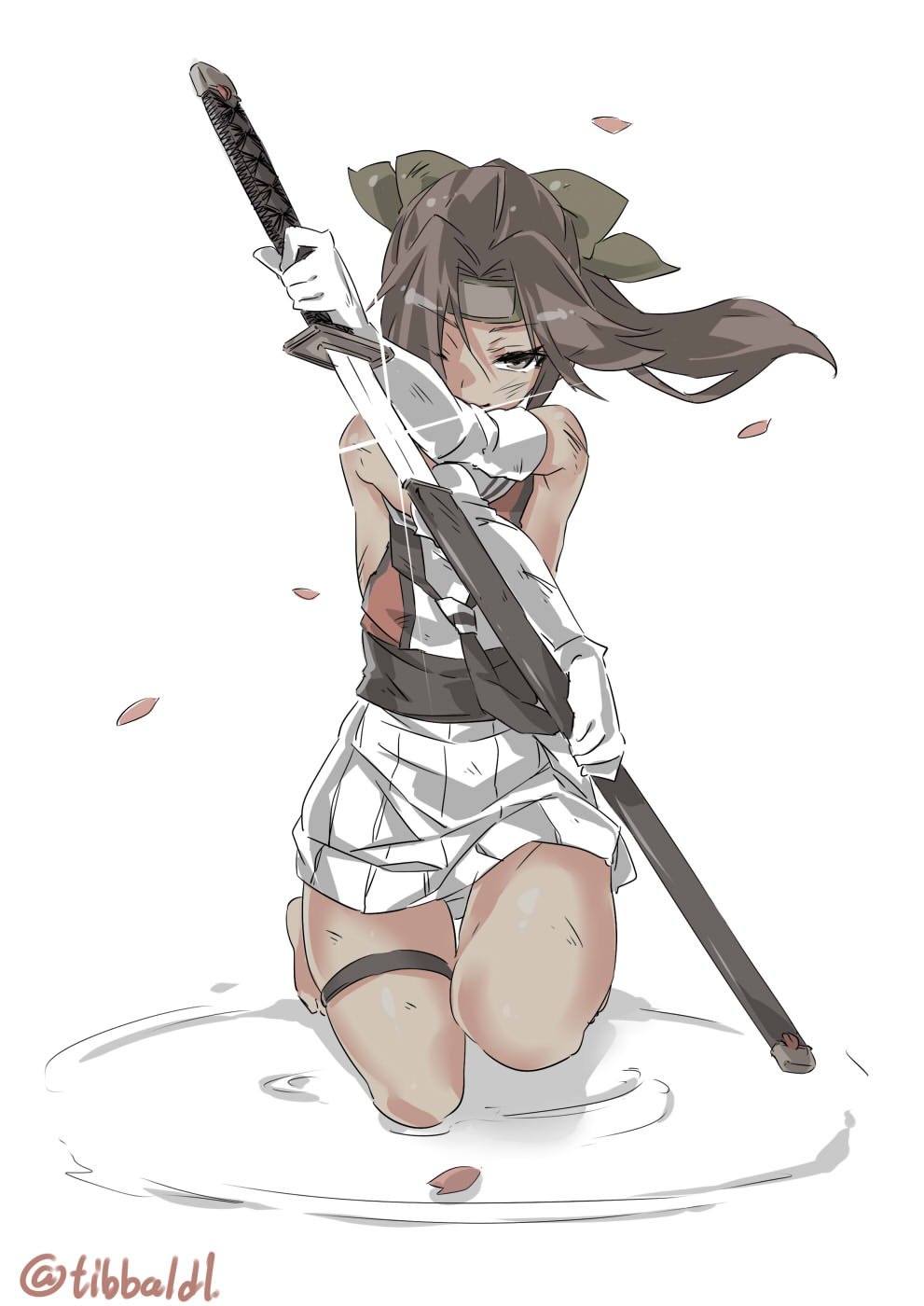 1girl, arm_up, bare_shoulders, barefoot, black_necktie, bow, brown_bow, brown_eyes