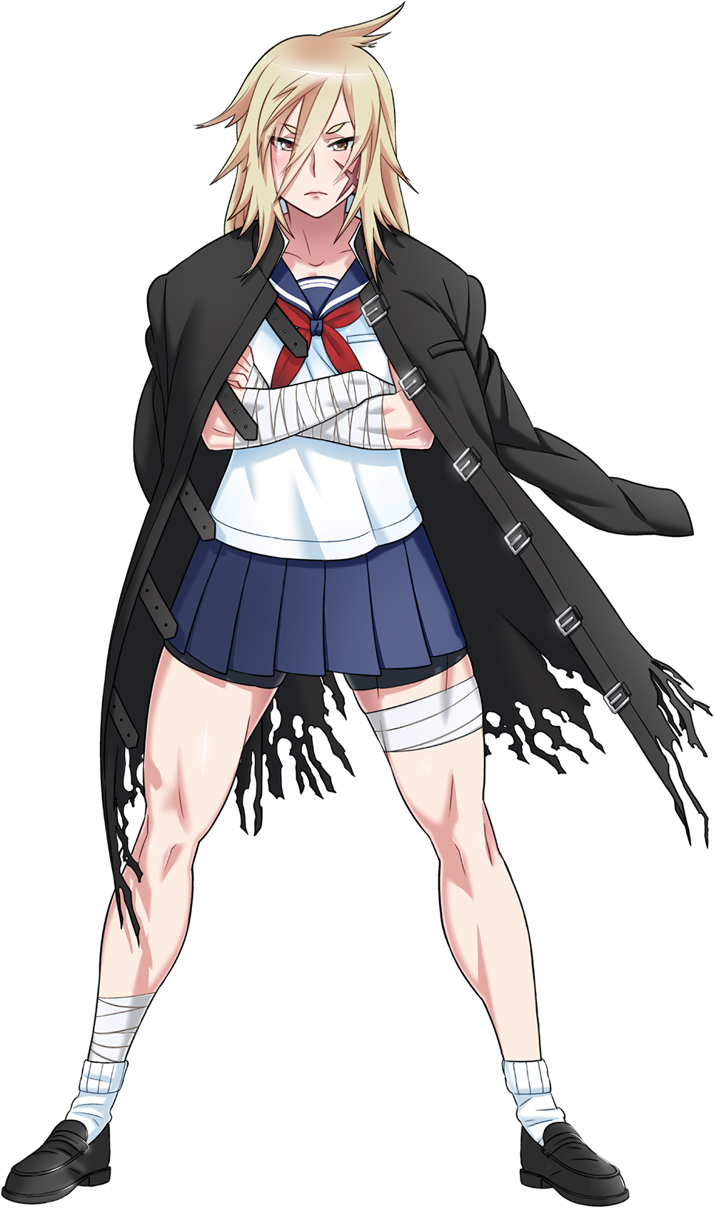 1girl, bandages, delinquent, full_body, highres, jacket_on_shoulders, official_art, osoro_shidesu
