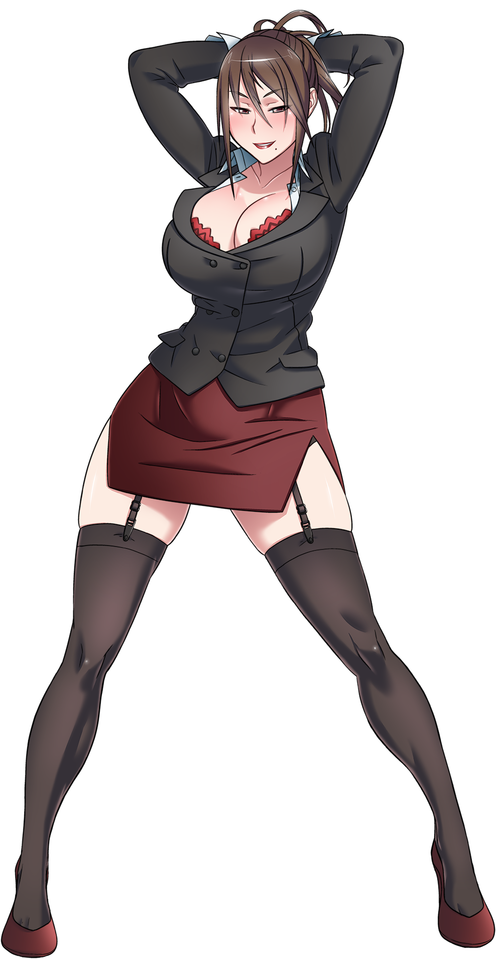 1girl, bra, business_suit, full_body, garter_belt, garter_straps, highres, mida_rana, miniskirt, official_art, skirt, solo, teacher, underwear, yandere_simulator