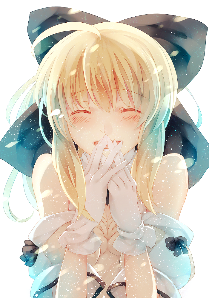 1girl, ^_^, ahoge, ajuvyrvosjfj, bare_shoulders, blonde_hair, blush, closed_eyes