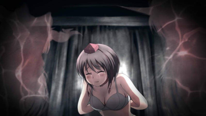 1girl, aura, backlighting, bare_arms, bare_shoulders, black_hair, blush, bra, breasts, cleavage, closed_eyes, closed_mouth, crying, dvddvd, enbanzyou, hat, highres, hoshiguma_yuugi, ibuki_suika, indoors, large_breasts, panties, shameimaru_aya, short_hair, solo, tokin_hat, touhou, underwear, underwear_only, undressing, upper_body, white_bra, white_panties