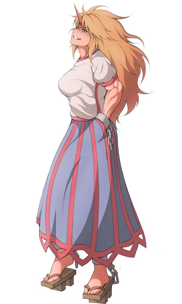 >:), 1girl, blonde_hair, breasts, chain, cuffs, enbanzyou, from_side