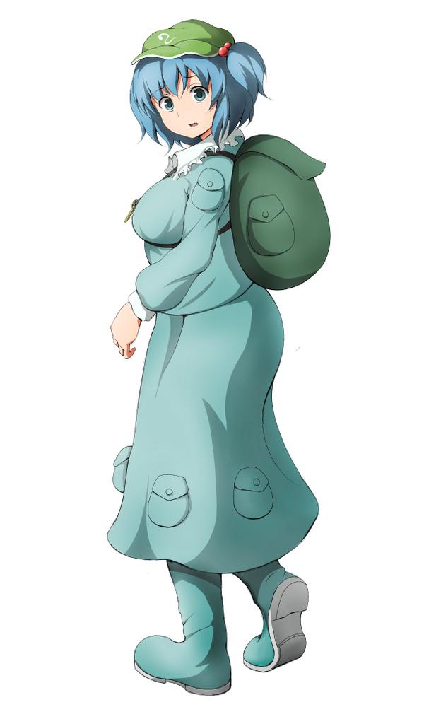 1girl, backpack, bag, blue_eyes, blue_hair, boots, breasts, enbanzyou
