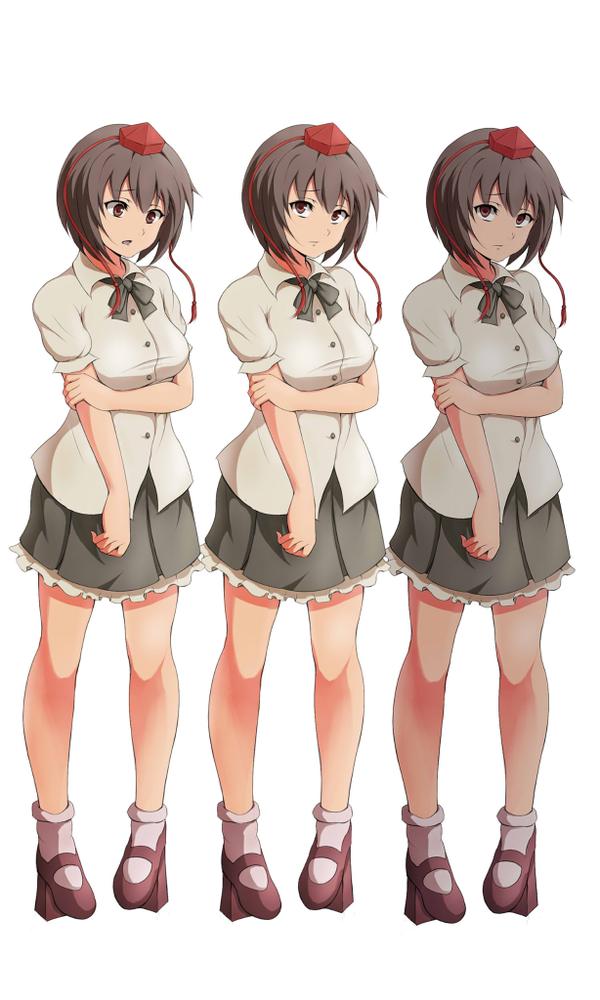 1girl, black_hair, black_ribbon, black_skirt, breasts, brown_hair, dress_shirt, empty_eyes