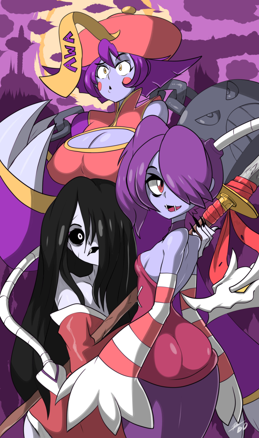 3girls, ass, bigdead93, black_hair, black_sclera, blue_skin, blush_stickers, breasts