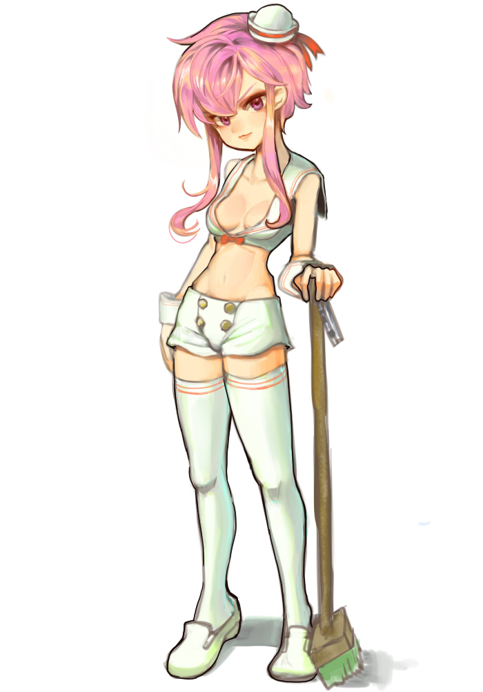 1girl, bokenasu, breasts, broom, cleavage, crop_top, full_body, hat