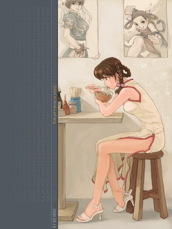 braid, character_name, china_dress, chinadress, chinese_clothes, chun-li, dead_or_alive, eating, feet, food, hair_rings, high_heels, king_of_fighters, lei_fang, li_xiangfei, noodles, open_shoes, pantyhose, poster_(object), sandals, shoeplay, shoes, side_slit, solo, street_fighter, table, tennohi