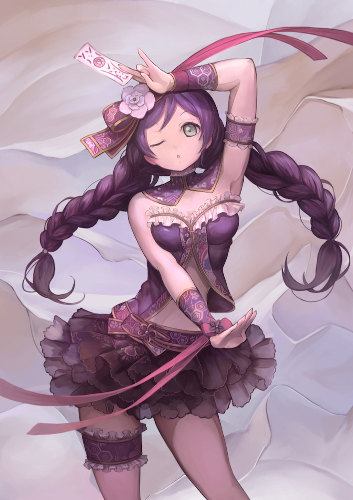 1girl, arm_up, braid, flower, green_eyes, hair_flower, hair_ornament, kawahara_ryuuta