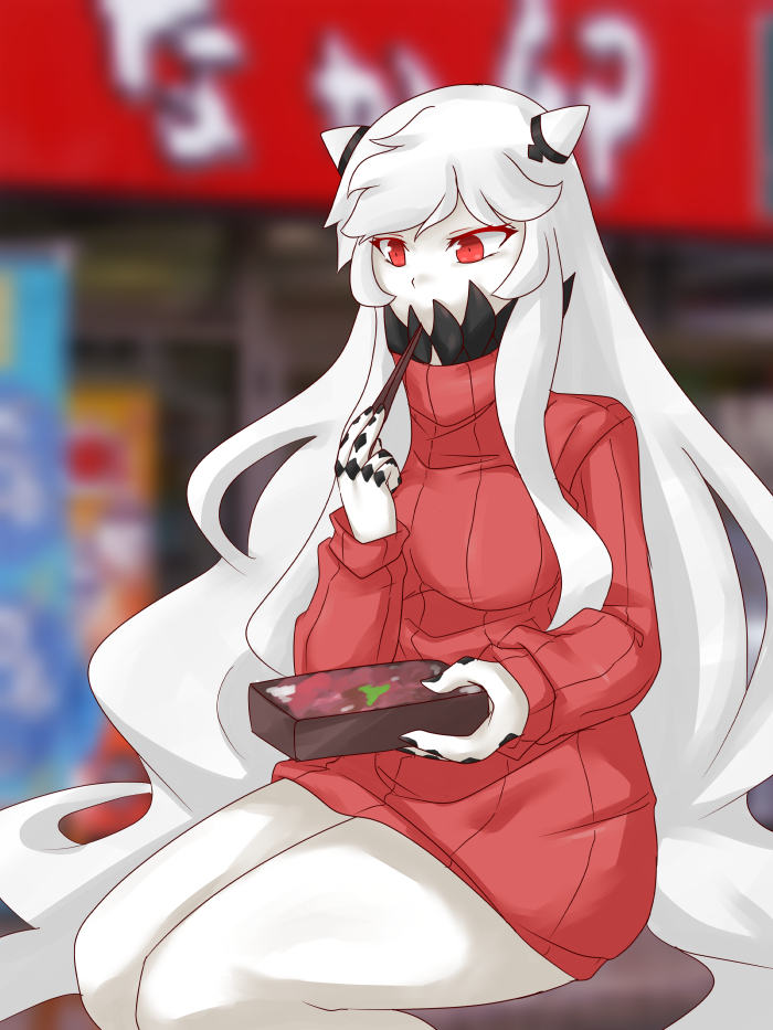 1girl, alternate_costume, chopsticks, commentary_request, covering_mouth, eating, horns, kantai_collection