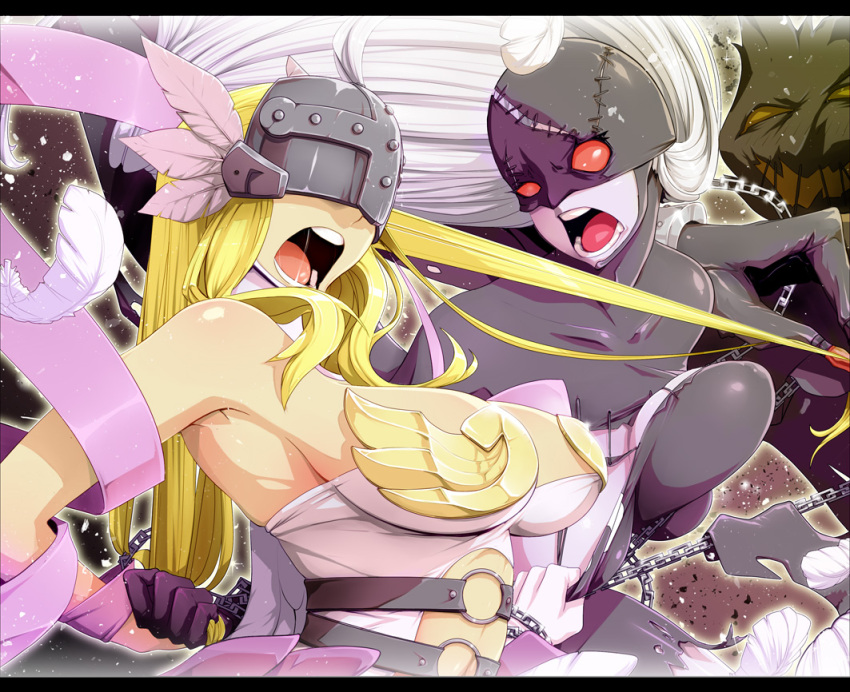 2girls, angel_and_devil, angewomon, bare_shoulders, belt, blonde_hair, breastplate, breasts