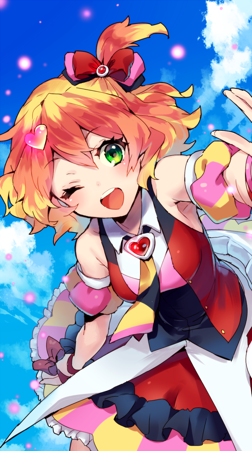 1girl, ;d, bare_shoulders, blue_sky, bow, bracelet, clouds, detached_sleeves