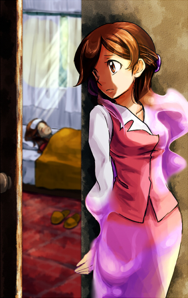 1girl, brown_hair, clerk_(pokemon), commentary_request, ditto, female, office_lady, pokemon