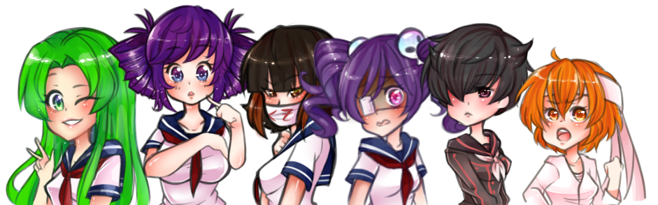 6+girls, alternate_costume, bandana, black_hair, breasts, brown_eyes, chibi, delinquent