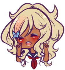 1girl, blonde_hair, chibi, closed_eyes, dark_skin, lowres, makeup, makeup_brush, musume_ronshaku, open_mouth, school_uniform, serafuku, solo, transparent_background, yandere_simulator