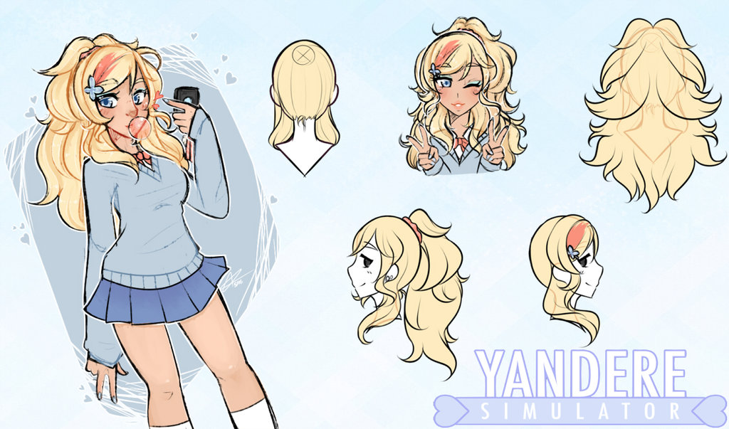 1girl, alternate_costume, blonde_hair, blue_eyes, chewing_gum, dark_skin, lipstick, long_hair, makeup, multiple_views, musume_ronshaku, phone, ponytail, simple_background, yandere_simulator