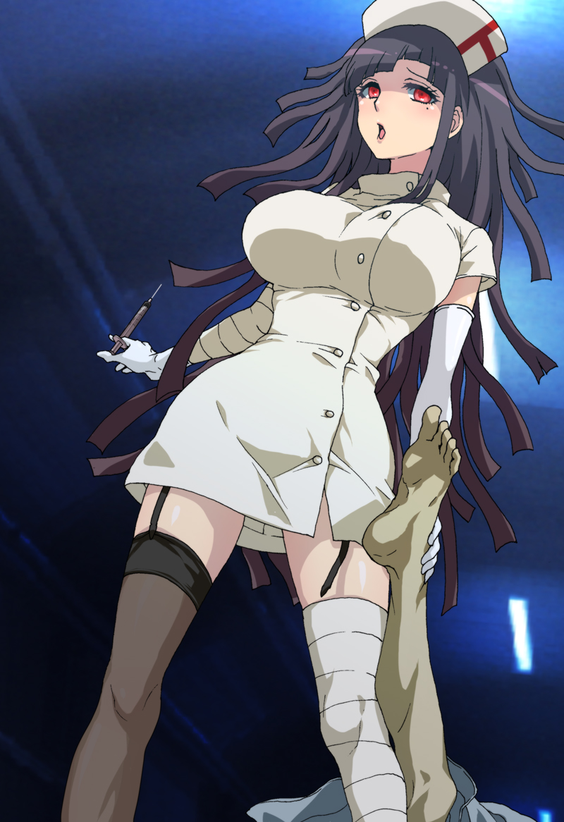 1girl, bandages, black_hair, dangan_ronpa, dangan_ronpa_3, dosugon, elbow_gloves, garter_straps