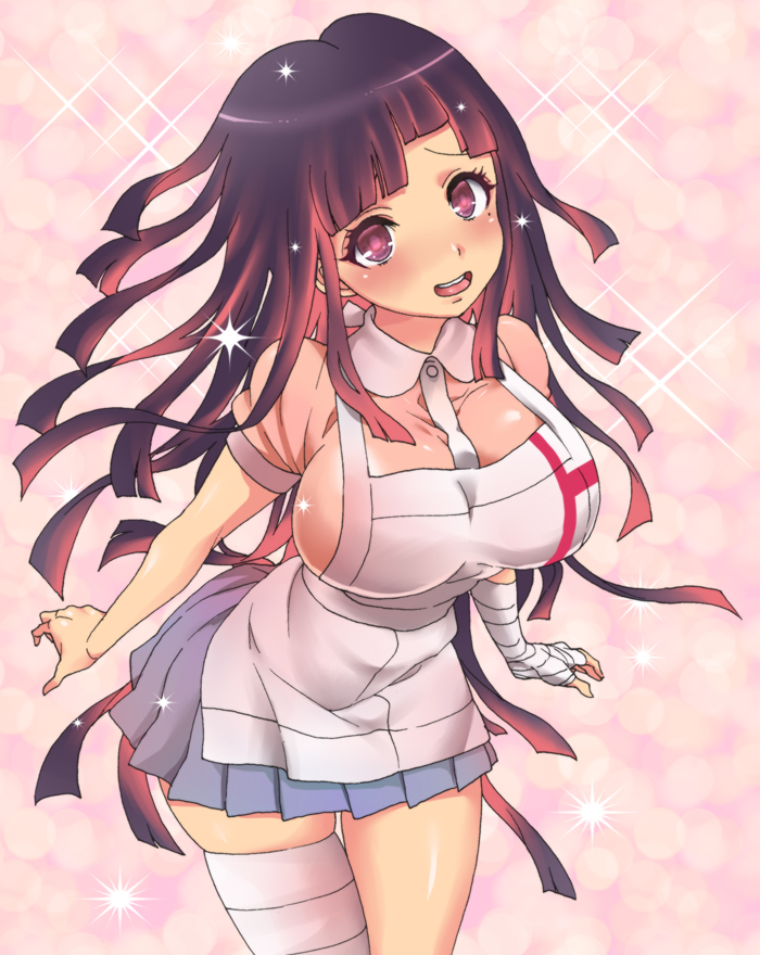 1girl, bandages, dangan_ronpa, dosugon, long_hair, mole, smile, solo