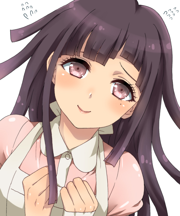 1girl, dangan_ronpa, dosugon, long_hair, mole, nervous, purple_hair, smile
