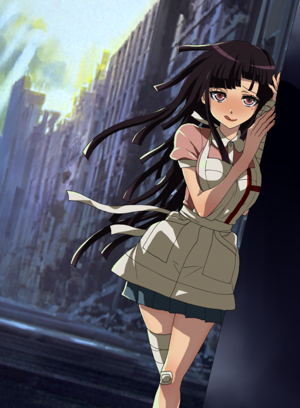1girl, bandages, black_hair, dangan_ronpa, dosugon, licking_lips, long_hair, mole, solo, super_dangan_ronpa_2, tongue, tongue_out, tsumiki_mikan, violet_eyes