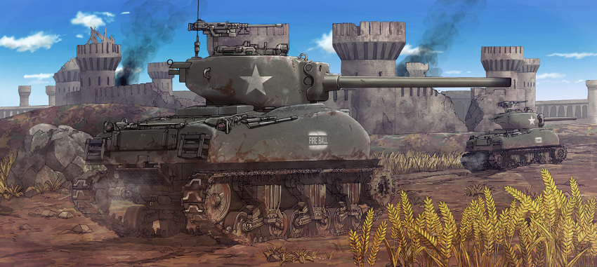 after_battle, blue_sky, browning_m2, cannon, castle, caterpillar_tracks, clouds, damaged