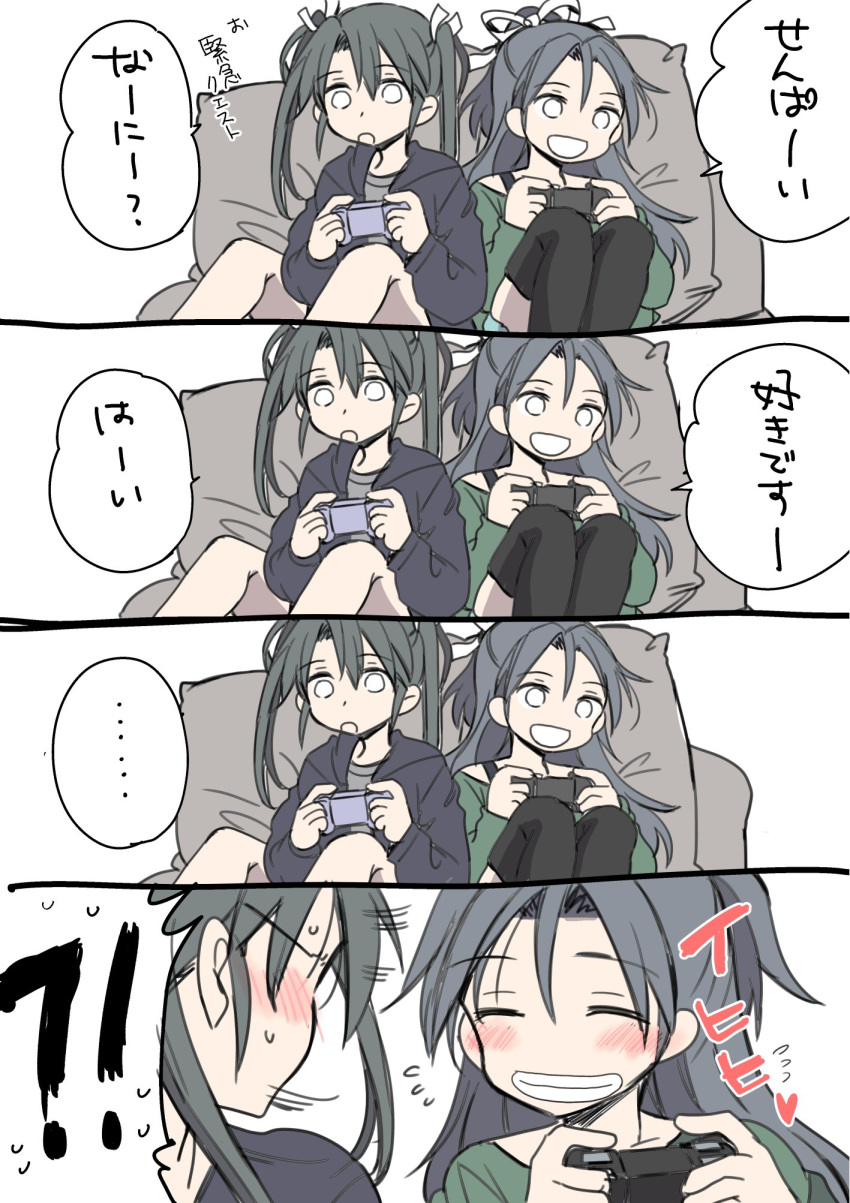 2girls, alternate_costume, black_hair, black_legwear, blush, check_commentary, comic, commentary_request