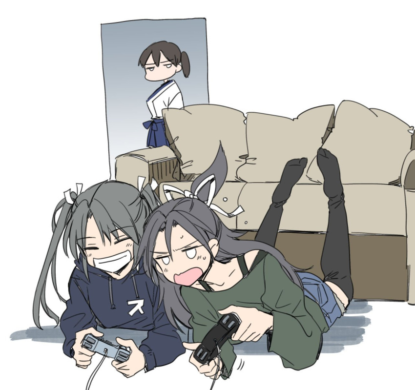 3girls, alternate_costume, black_hair, black_legwear, blush, brown_hair, closed_eyes, commentary, controller, couch, flying_sweatdrops, game_controller, green_hair, grey_hair, grinding_teeth, hair_between_eyes, hakama_skirt, highres, japanese_clothes, jitome, kaga_(kantai_collection), kantai_collection, katsuragi_(kantai_collection), long_hair, multiple_girls, playing_games, ponytail, sanpatisiki, shadow, shorts, side_ponytail, smile, sweatdrop, sweater, thigh-highs, twintails, zuikaku_(kantai_collection)