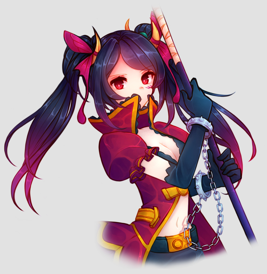 1girl, belt, black_hair, bracelet, brave_frontier, breasts, butterfly, chain, cleavage, commentary, crescent, crescent_hair_ornament, elza_(brave_frontier), gloves, gradient_hair, hair_ornament, highres, jewelry, long_hair, looking_at_viewer, multicolored_hair, navel, puffy_short_sleeves, puffy_sleeves, purple_hair, red_eyes, short_sleeves, solo, spiked_bracelet, spikes, twintails, weapon