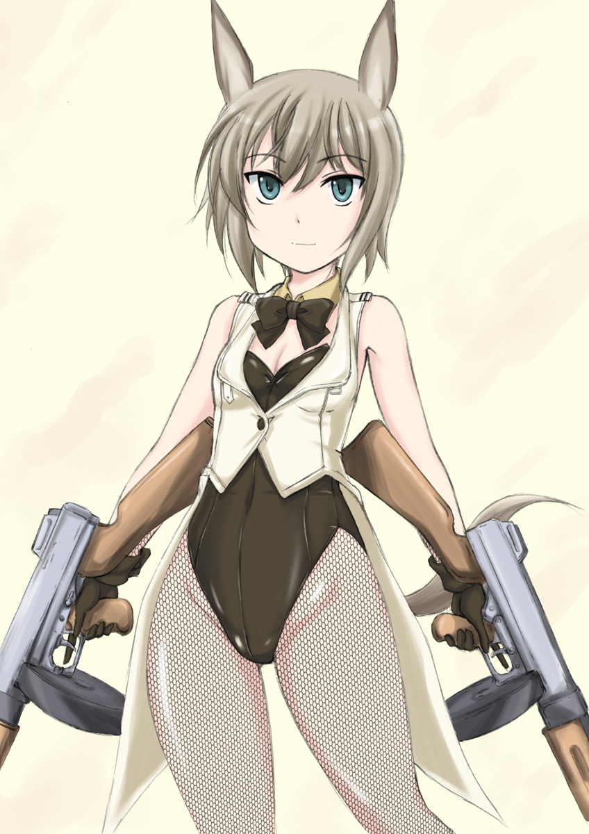 1girl, bunnysuit, eugenia_horbaczewski, gun, highres, pantyhose, solo, strike_witches, submachine_gun, thompson_submachine_gun, wanyan_aguda, weapon, world_witches_series