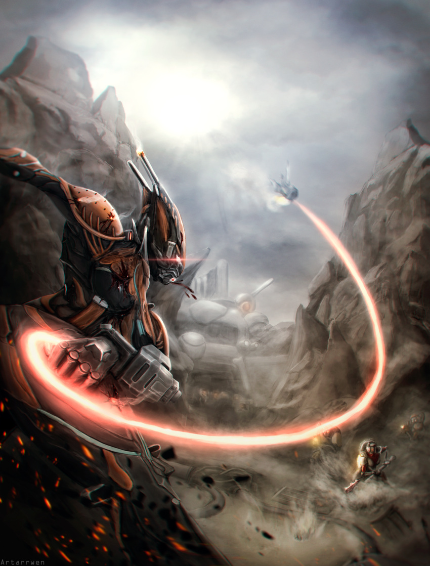 1girl, armor, artarrwen, battle, bodysuit, clenched_hand, dust, energy_whip, glowing, glowing_eyes, gun, highres, outdoors, red_eyes, sparks, staff, valkyr_(warframe), warframe, weapon