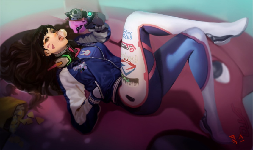 1girl, acronym, artist_name, bangs, blue_jacket, bodysuit, boots, breasts, brown_eyes, brown_hair, bubble_blowing, bubblegum, bunny_print, character_name, chips, crossed_legs, d.va_(overwatch), doritos, emblem, eyeliner, facepaint, facial_mark, floral_print, gloves, gum, gun, hand_in_pocket, hand_up, handgun, headphones, headphones_around_neck, holding, holding_gun, holding_weapon, jacket, kogseu, letterman_jacket, lips, logo, long_hair, long_sleeves, lying, makeup, mecha, medium_breasts, meka_(overwatch), nose, on_back, overwatch, parted_lips, pilot_suit, pink_lips, pointing, pointing_at_viewer, ribbed_bodysuit, skin_tight, solo, thigh-highs, thigh_boots, thigh_strap, turtleneck, weapon, whisker_markings, white_boots, white_gloves, zipper