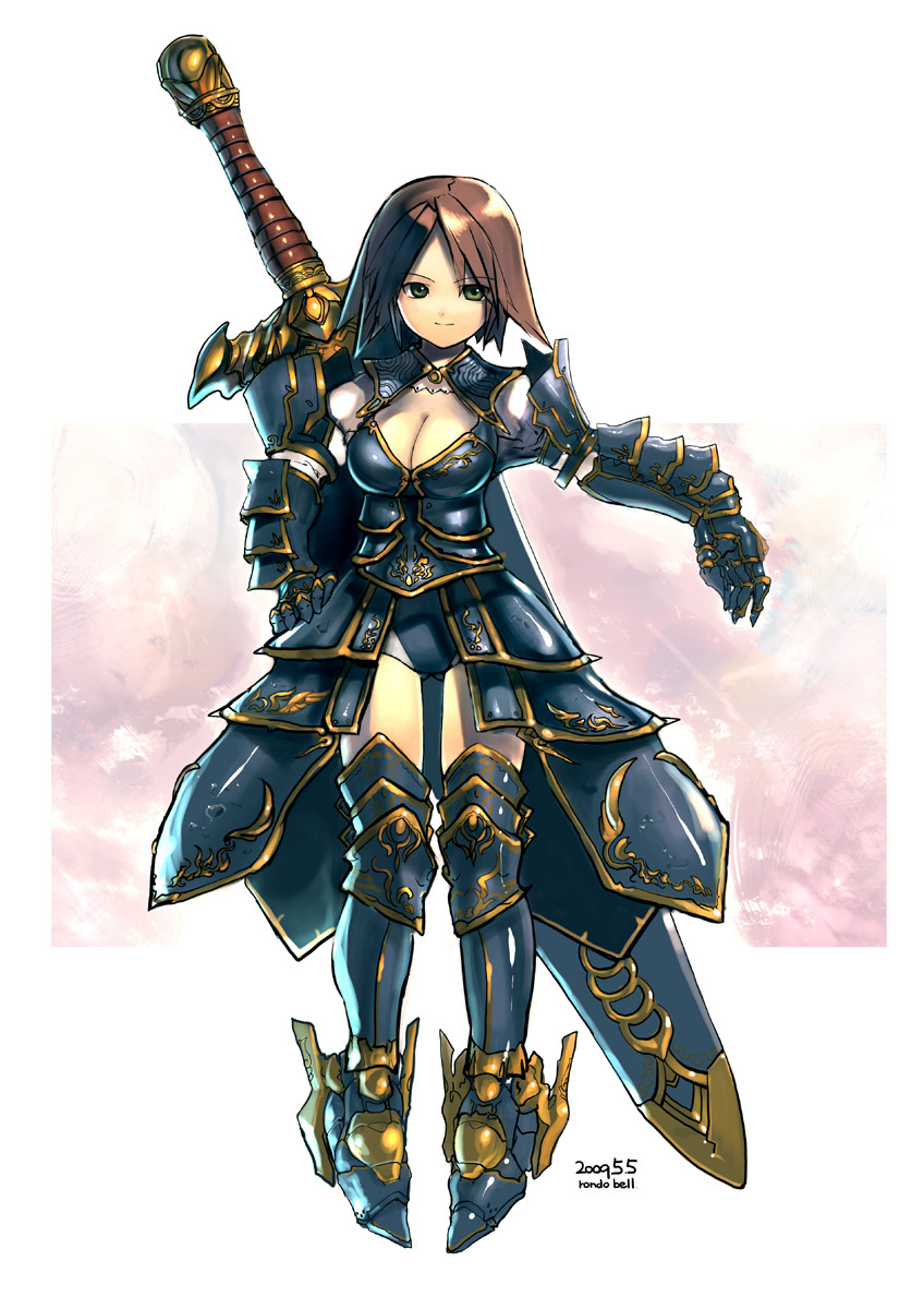 bad_id, boots, breasts, brown_hair, cleavage, gauntlets, green_eyes, highres