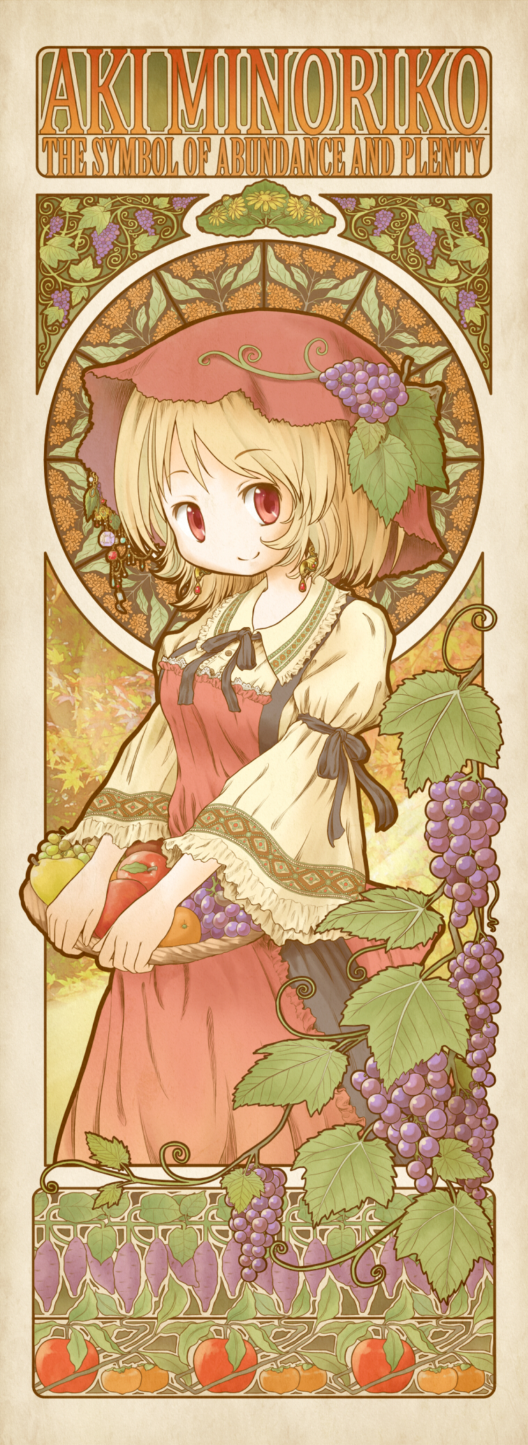 1girl, aki_minoriko, apple, apron, arinu, arm_garter, arm_ribbon, art_nouveau