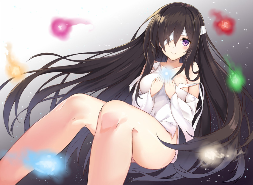 1girl, bandage_over_one_eye, bare_legs, black_hair, blush, borrowed_character, bottomless, breasts, closed_mouth, collarbone, commentary_request, covered_navel, foreshortening, hair_over_one_eye, highres, hitodama, kurifuto, large_breasts, long_hair, long_sleeves, looking_at_viewer, no_pants, off_shoulder, original, seven_days_~anata_to_sugosu_nanokakan~, shirt, sidelocks, smile, solo, torn_clothes, torn_shirt, very_long_hair, violet_eyes, white_shirt, wide_sleeves
