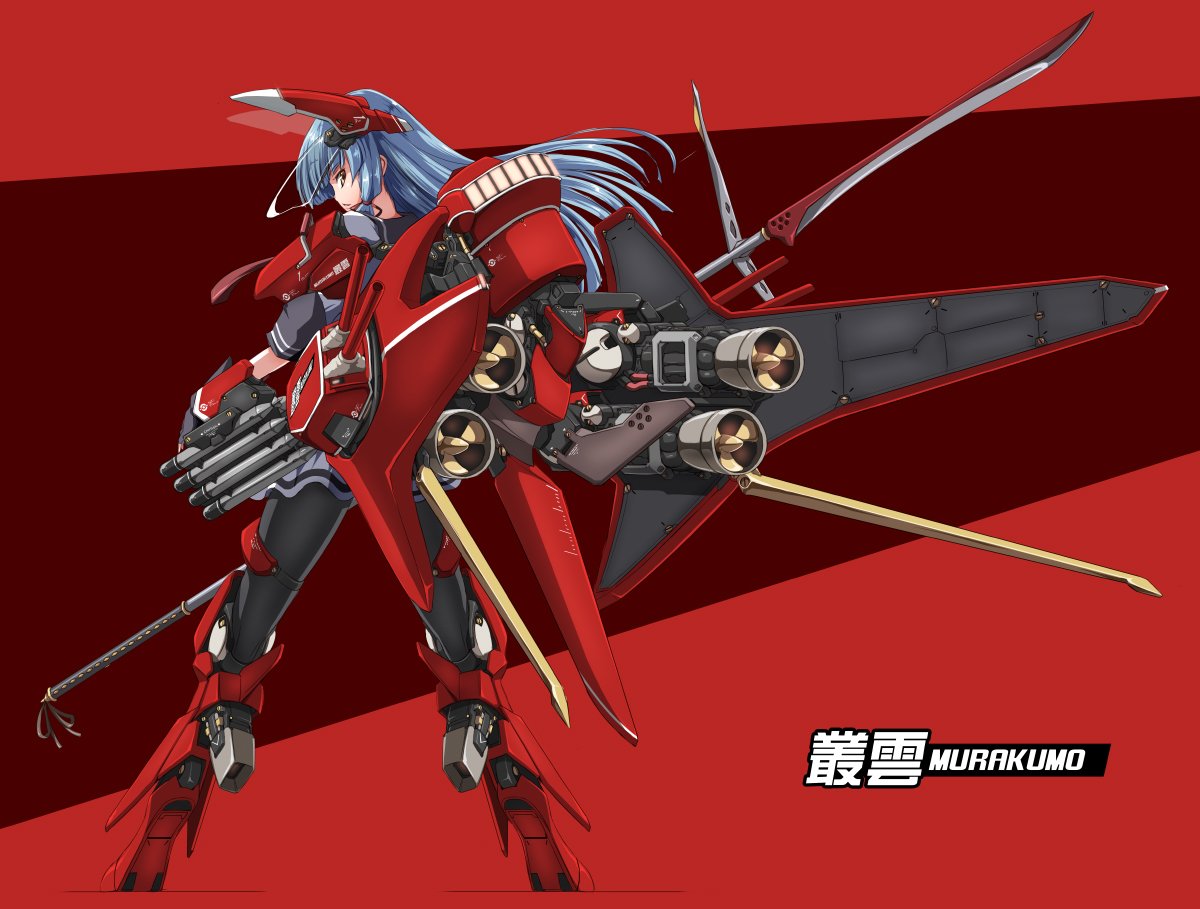 1girl, akatsuki_(ownpace), alternate_costume, bangs, black_gloves, black_legwear, blue_hair, blunt_bangs, character_name, closed_mouth, cloud_breaker_01, commentary_request, crossover, fingerless_gloves, floating_hair, from_behind, full_body, gloves, headgear, kantai_collection, long_hair, looking_at_viewer, looking_to_the_side, machinery, mecha_musume, murakumo:_renegade_mech_pursuit, murakumo_(kantai_collection), namesake, pantyhose, polearm, profile, propeller, short_sleeves, side_glance, skirt, solo, spear, torpedo, turret, visor, weapon, white_skirt, yellow_eyes