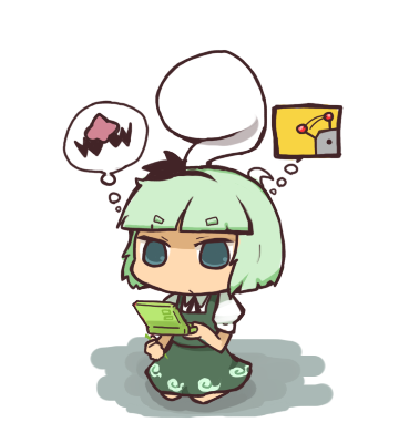 1girl, cameo, chibi, ghost, girls_playing_games, green_hair, grey_eyes, hairband, hitodama, inishie, intelligent_systems, konpaku_youmu, konpaku_youmu_(ghost), lowres, made_in_wario, myon, nintendo, nintendo_ds, nose, playing_games, short_hair, team_shanghai_alice, touhou, video_game, wario, wario_ware, warioware