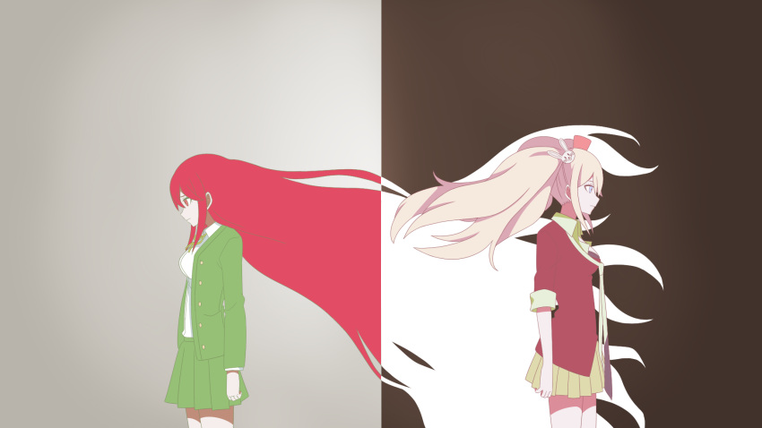 2girls, blonde_hair, blue_eyes, bra, dangan_ronpa, dangan_ronpa/zero, dangan_ronpa_3, dual_persona