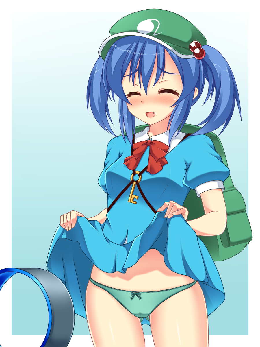 1girl, ^_^, ass_visible_through_thighs, backpack, bag, bladeless_fan, blue_dress, blue_hair