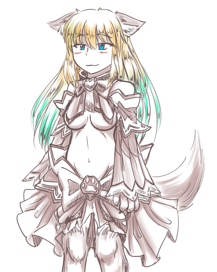 1girl, :3, animal_ears, aqua_hair, bare_shoulders, blonde_hair, blue_eyes, breasts, bwsnowy, claws, cu_sith_(monster_girl_encyclopedia), dog_ears, dog_tail, gradient_hair, highres, monster_girl, monster_girl_encyclopedia, multicolored_hair, paw_print, paws, revealing_clothes, simple_background, sketch, skirt, solo, stomach, tail, two-tone_hair, under_boob, white_background, wide_sleeves