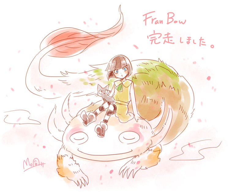 1girl, artist_name, axolotl, black_cat, blue_eyes, boots, brown_hair, cat, copyright_name, dress, fran_bow, fran_bow_dagenhart, hato_moa, mr._midnight, on_animal, palontras, sky, striped, striped_legwear, yellow_dress