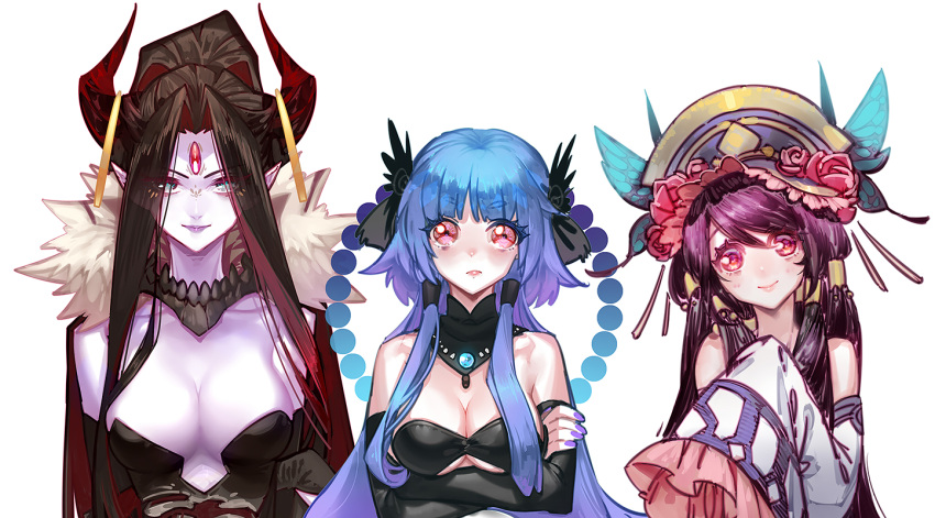 3girls, black_hair, blue_hair, breasts, cleavage, covering, covering_breasts, dan_fei