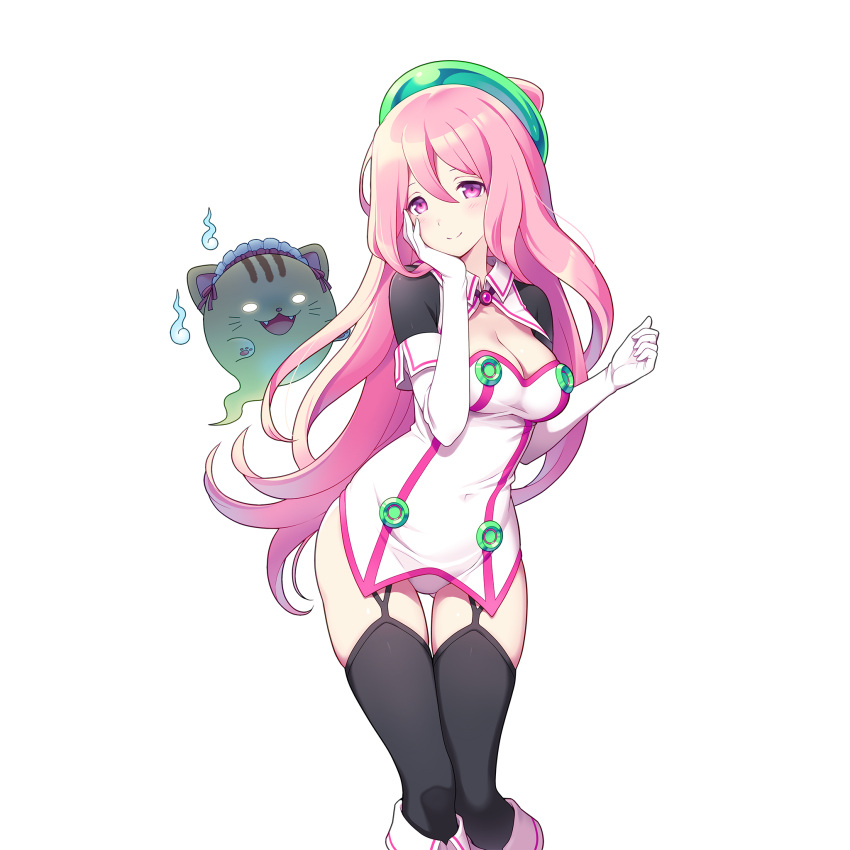 1girl, artist_request, black_legwear, breasts, cat, character_request, cleavage, copyright_request