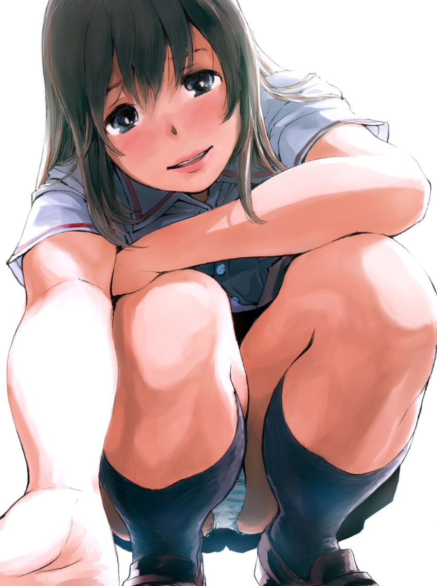 1girl, ass, black_hair, black_legwear, blue_eyes, blush, highres, kneehighs