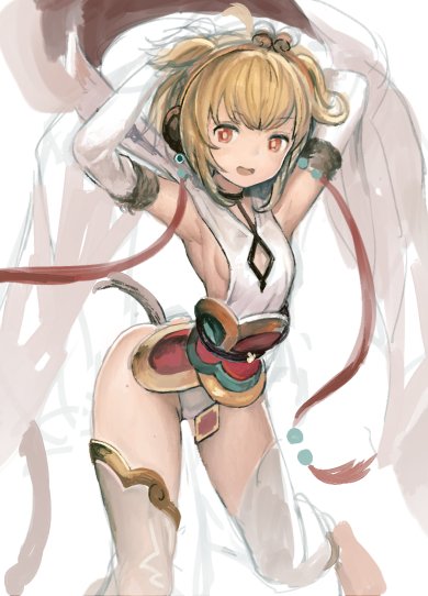 1girl, :d, ahoge, anchira_(granblue_fantasy), animal_ears, arched_back, armpits, arms_behind_head
