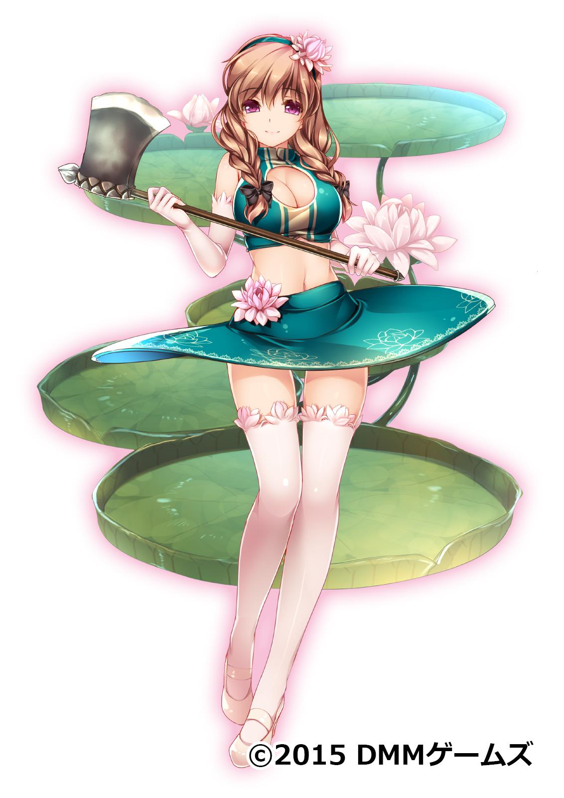 1girl, axe, breasts, brown_hair, center_opening, cleavage, copyright_name, elbow_gloves