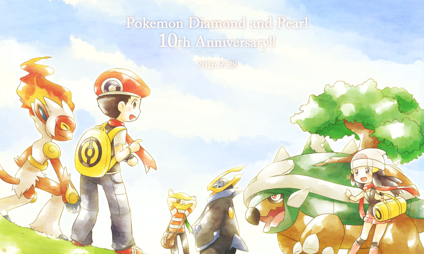 1girl, 2boys, anniversary, bag, beret, boots, empoleon, full_body